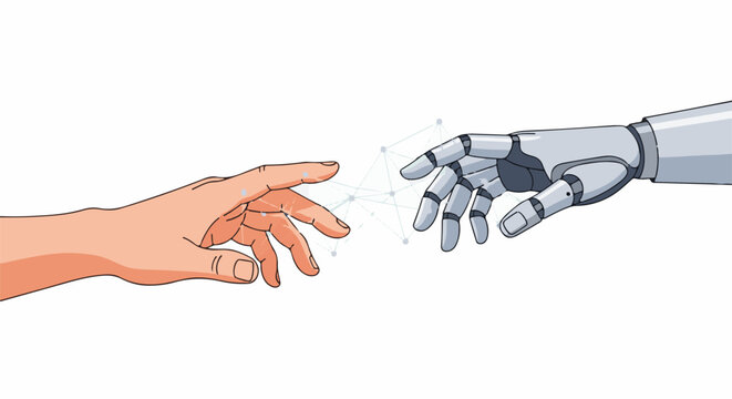 Human and robotic hands reaching out to connect across a digital network