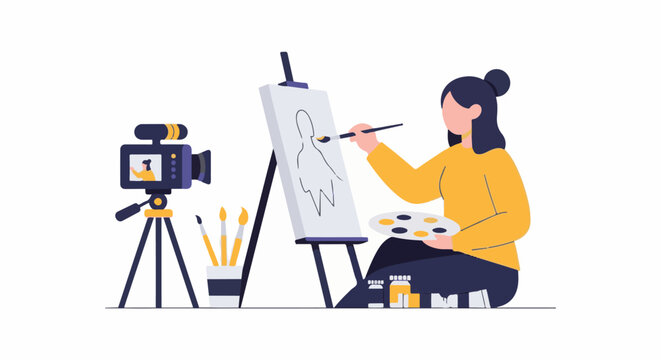 Artist paints on canvas while camera records her work