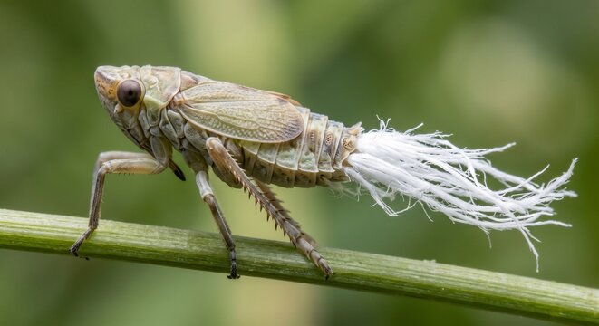 Lateral profile of planthopper nymph showing wing pads and waxy tail