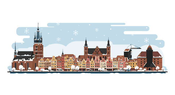 Stylized winter cityscape with historic buildings and falling snowflakes