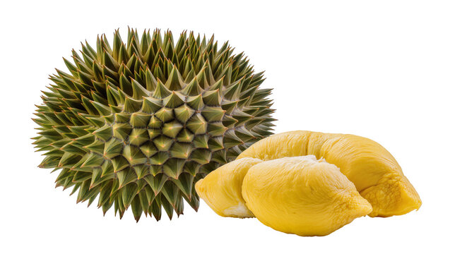 Whole Durian Fruit and Yellow Flesh Segments