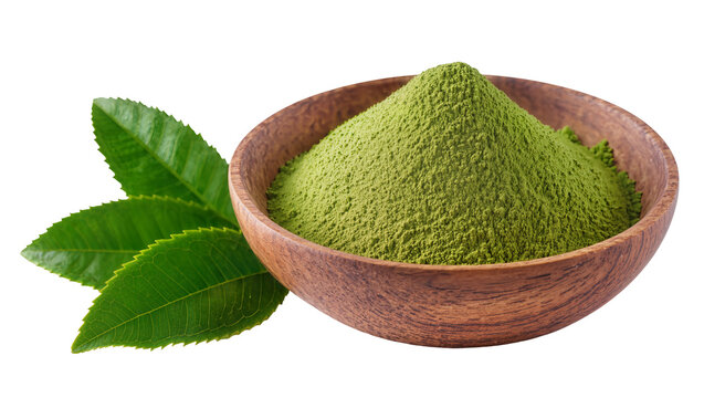 Green tea powder in wooden bowl with fresh leaves