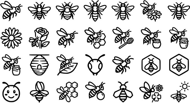 Nature and Beekeeping Black  White Line Art Icons Set. Outline Glyph Pictograms of Bees, Honey, Hives, and Flowers for Ecology, Food, and Agricultural Themes.