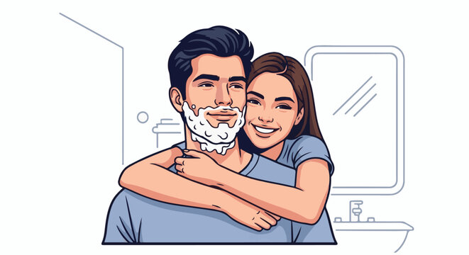 Loving couple in bathroom, man being shaved, woman embraces him