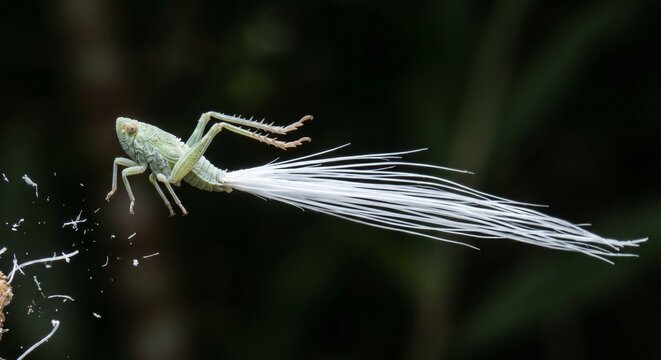 Dynamic macro action shot of planthopper nymph jumping with trailing wax filaments
