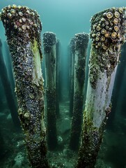 Obraz premium Wooden Pier Posts Underwater Covered with Barnacles