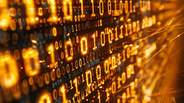 Dynamic vertical streams of golden orange binary code on dark gradient background with bokeh sparks
