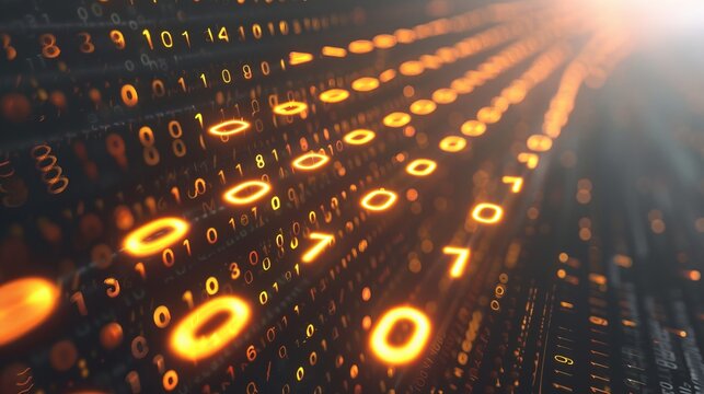 Golden orange binary code streams on dark gray with bokeh sparks and space for text on right