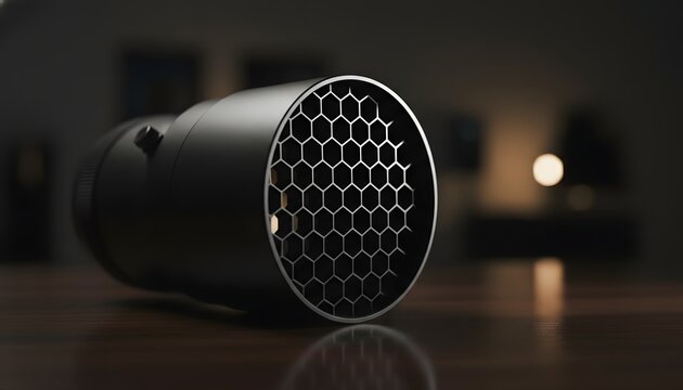 Professional photography studio snoot with honeycomb grid modifier resting on a dark polished wooden table, showcasing light control technology and design concept
