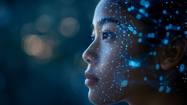 Neon circuit woman s face  ai fusion with binary code in a dark blue gradient background
