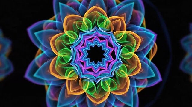 A vibrant glowing floral pattern with symmetrical neon light shapes