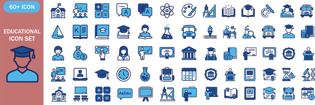 Educational icon set 60 blue and white illustrations for learning