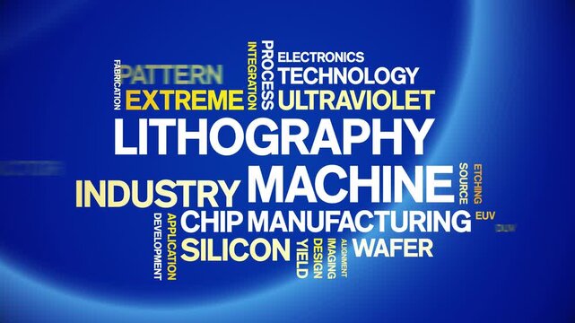 Lithography Machine animated word cloud-text design animation tag kinetic typography seamless loop.