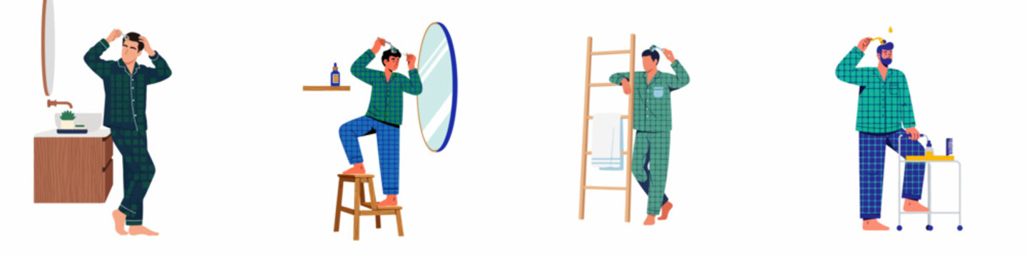 Set of illustrations featuring men in pajamas performing hair care routines, using derma rollers and scalp treatments in various bathroom settings for hair growth.