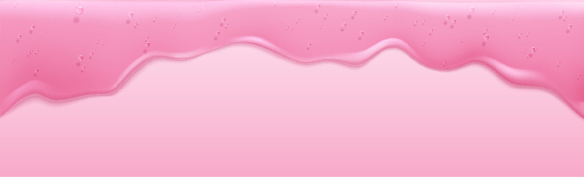 Clear gel wavy droplet, cosmetic serum with flowing liquid texture and air bubbles, 3d realistic vector background. Skincare product design, pink beauty brand presentations, transparent gel elements.