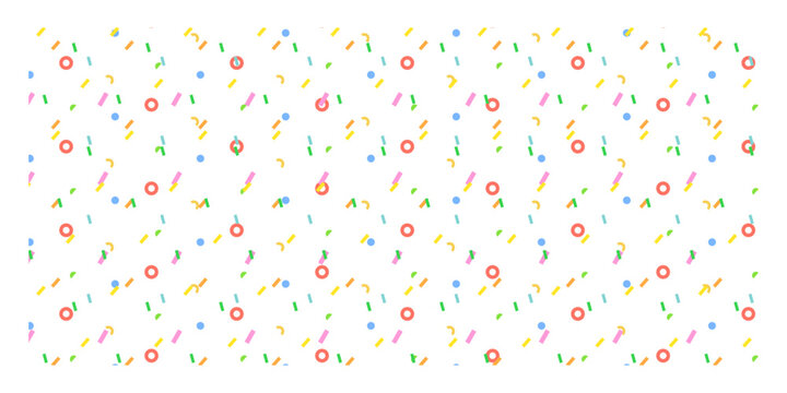 Colorful confetti flying on white background. Vector illustration of seamless pattern with rainbow color stripes and circles, sprinkles in air, holiday gift wrapping design, birthday party decoration