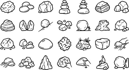 Black and White Line Art Icons of Various Rocks and Stones, Nature Elements for Design © pixsource
