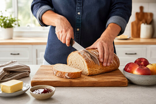 man cutting bread