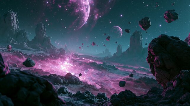 epic cosmic nebula with planets asteroids and cinematic deep space
