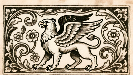 Fototapeta premium Heraldic Griffin with Floral Ornament Frame, Vintage Medieval Engraving Illustration