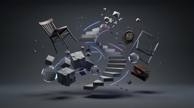 Surreal Floating Objects Composition with Impossible Geometry and Gravity Defying Elements.