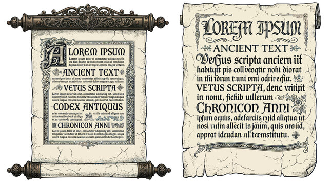 Antique scrolls with gothic text and ornate borders, medieval document design