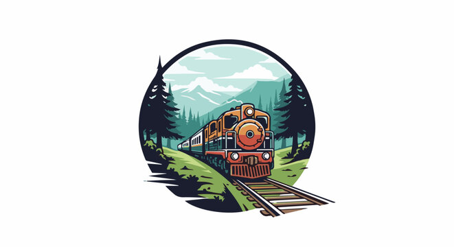 A vintage train chugs through a scenic mountain and forest landscape