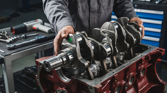 Mechanic Hands Lowering Heavy Crankshaft into Engine Cylinder Block with Pistons and Connecting Rods Installed Close Up Concept
