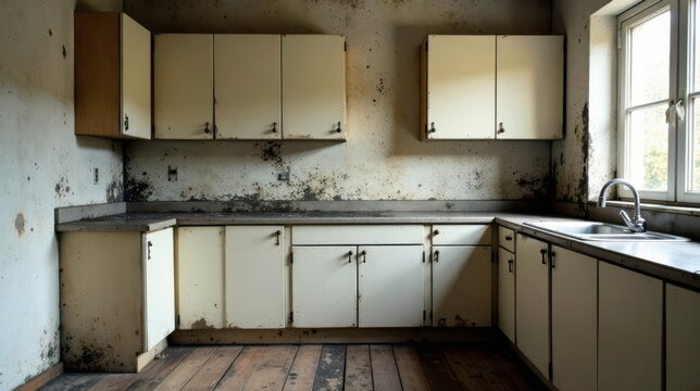 A Neglected Kitchen  Mold-Damaged Cabinets and Worn Countertops in an Abandoned Room