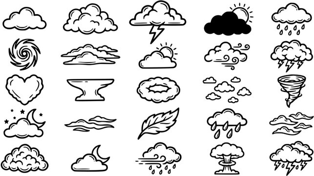 Black and White Line Art Weather Icons: Clouds, Storms, Sun, Rain, Tornado, Lightning, Hurricane