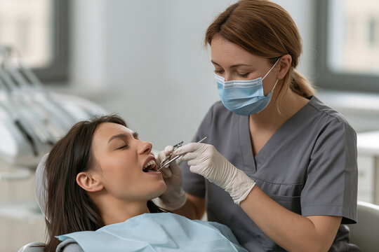 Female Dentist Examining Patient Teeth In Dental Clinic