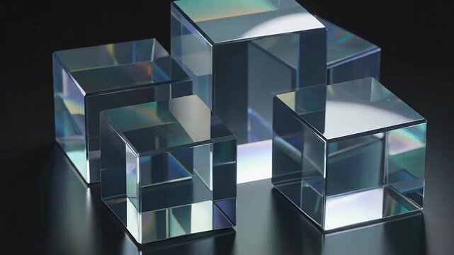 A collection of transparent glass cubes arranged on a dark reflective surface