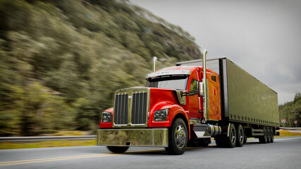 3D render of red semi truck driving fast on highway illustration © DigitalPenTH
