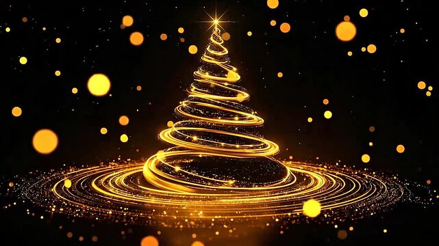 A glowing golden abstract tree shape formed by swirling light trails on dark background