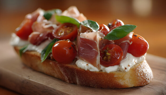 Slow motion put cherry tomatoes on prosciutto cotto on baguette with cream cheese to make sandwich closeup