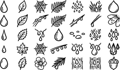 Black and White Line Art Icons of Water Droplets, Leaves, Flowers, and Nature Elements for Weather or Ecology Themes © pixsource