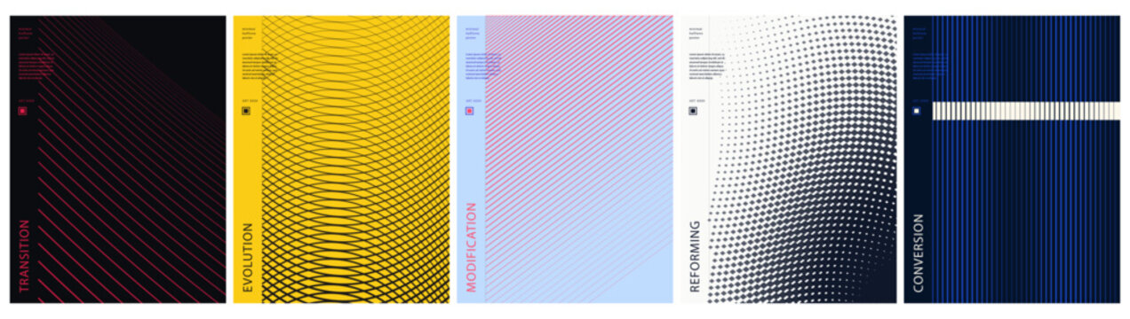 Set of abstract geometric posters with linear and halftone patterns