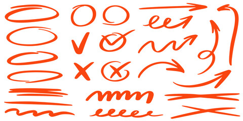 Red highlight marker strokes with brush lines, arrows and checkmarks.  Hand drawn underlines, crosses and wavy accents for text emphasis or annotation designs. Vector strokes, ovals, check marks  © PawLoveArt