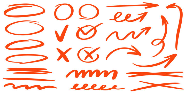 Red highlight marker strokes with brush lines, arrows and checkmarks. 
Hand drawn underlines, crosses and wavy accents for text emphasis or annotation designs. Vector strokes, ovals, check marks
