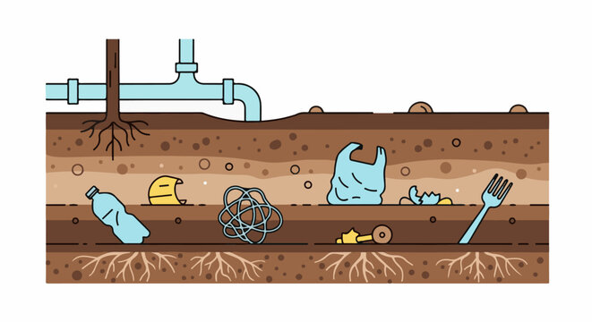 Subsurface view of soil layers with roots, pipe, and buried plastic debris