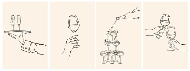 Hand drawn cocktails posters. Cheers set with hands holding glasses at party celebration. Italian style dinner party. Ink doodle wine, tower with champagne for wedding invitations, menus, placards © PawLoveArt