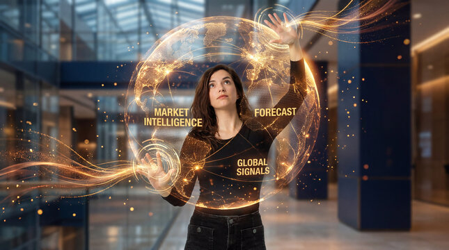 Analyst interacting with global market intelligence and forecasting network
