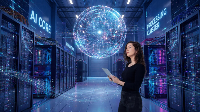 AI infrastructure specialist monitoring neural network core inside a high performance data center