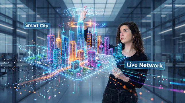 Technology woman controlling smart city model