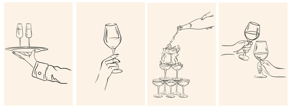 Hand drawn cocktails posters. Cheers set with hands holding glasses at party celebration. Italian style dinner party. Ink doodle wine, tower with champagne for wedding invitations, menus, placards