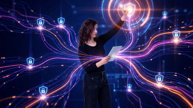 Cybersecurity network managed by professional woman