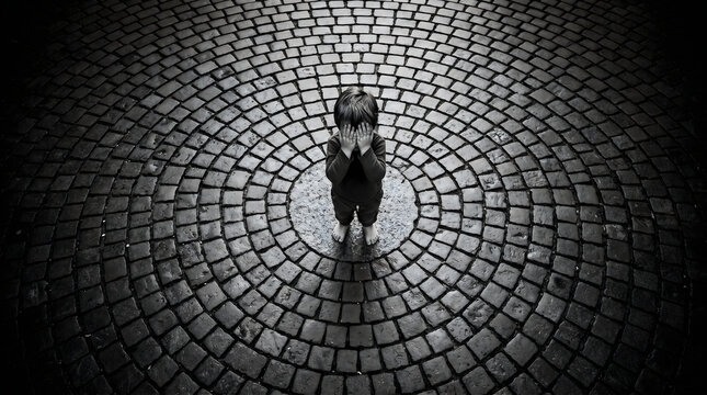 Sad child covering face on circular cobblestone street black and white
