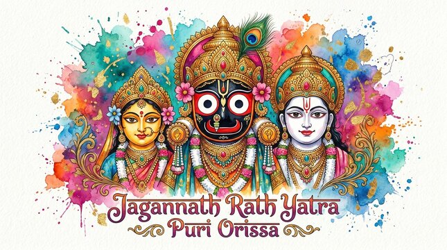 Jagannath rath yatra india artistic deity illustration with balabhadra subhadra colorful splash background spiritual culture festival design use
