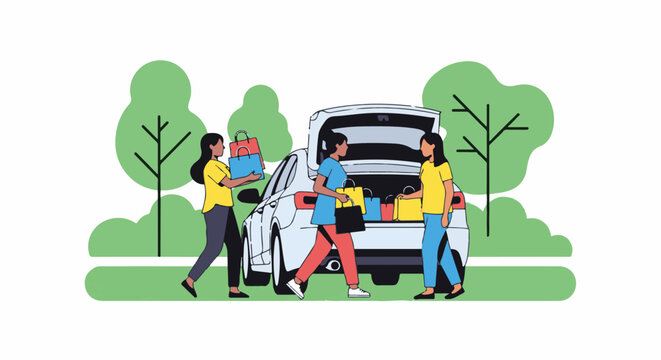 Women loading shopping bags into a car trunk outdoors
