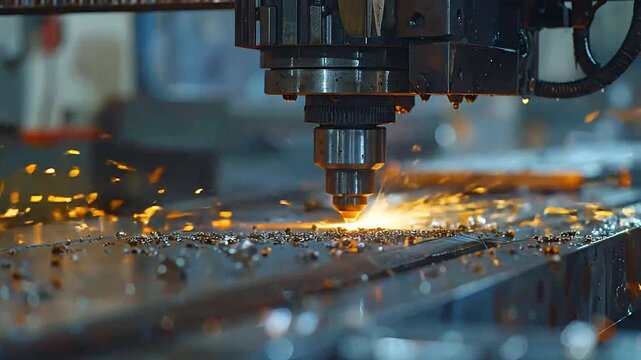 A high precision industrial machine cutting through a thick metal sheet with sparks
